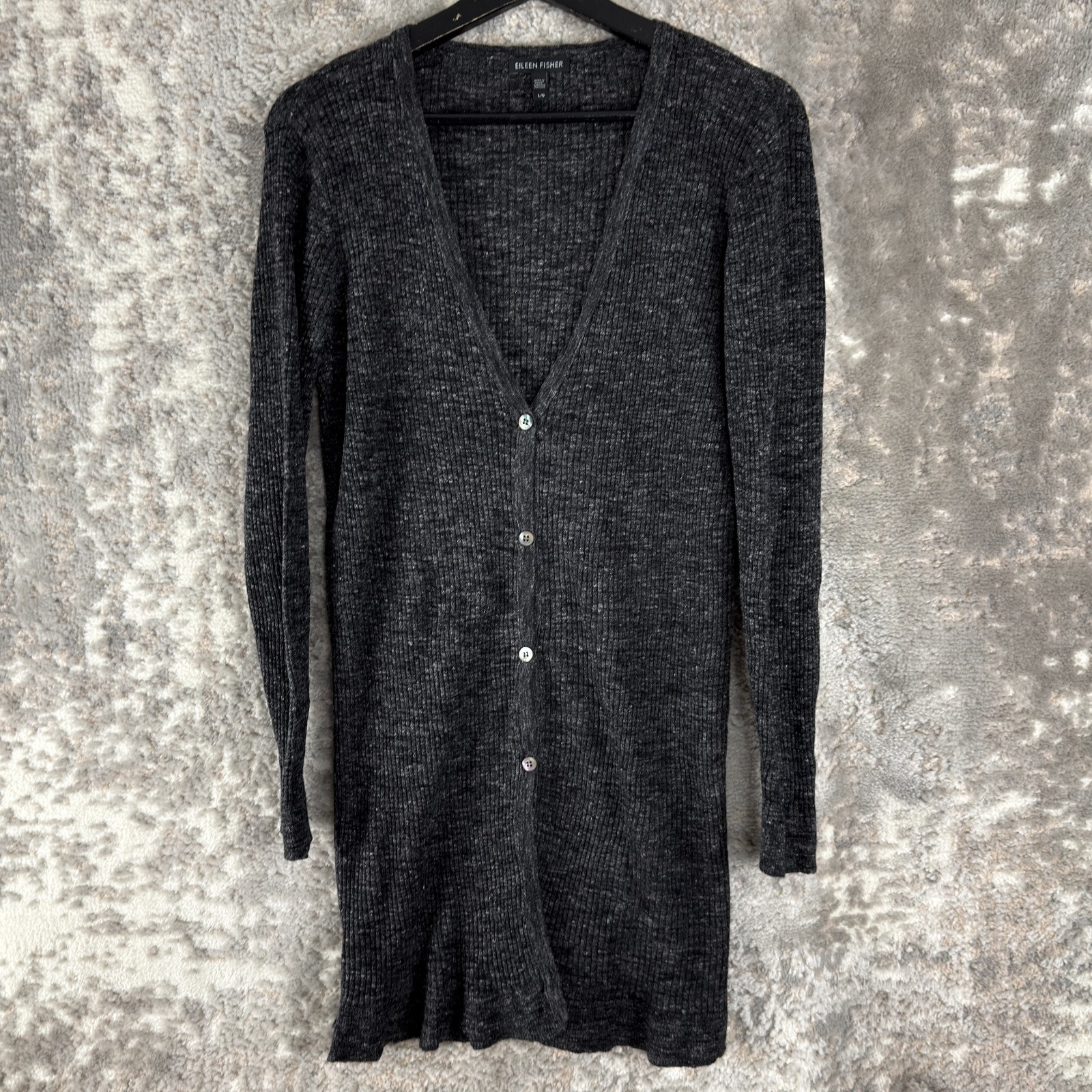Eileen Fisher Size L Wool Linen Casual Cardigan Sweater Black Long Sleeve V Neck